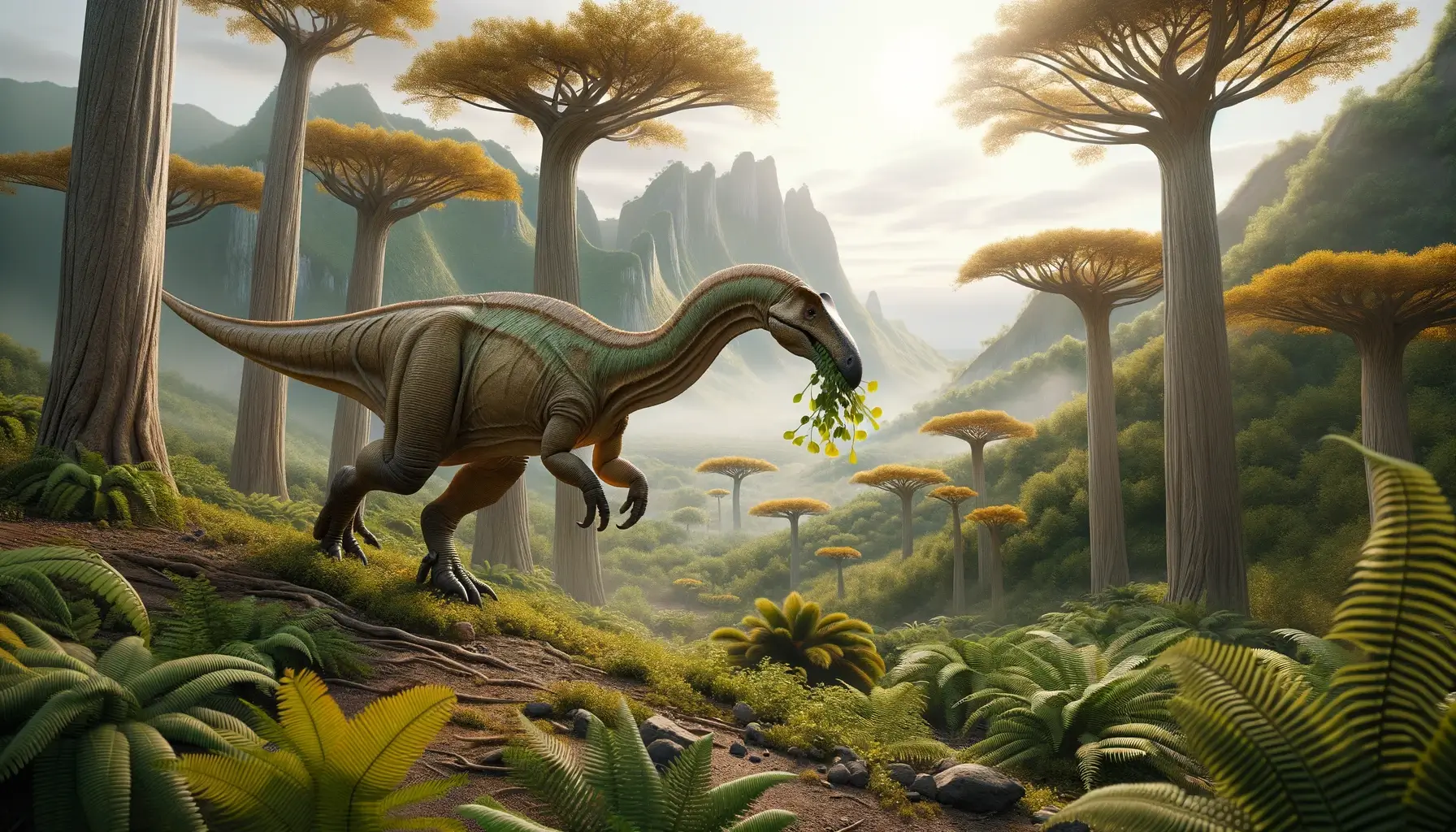 Aardonyx dinosaur in lush prehistoric landscape with tall trees.