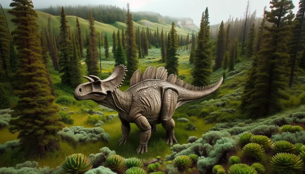 Different angle view of Achelousaurus amid Montana vegetation.