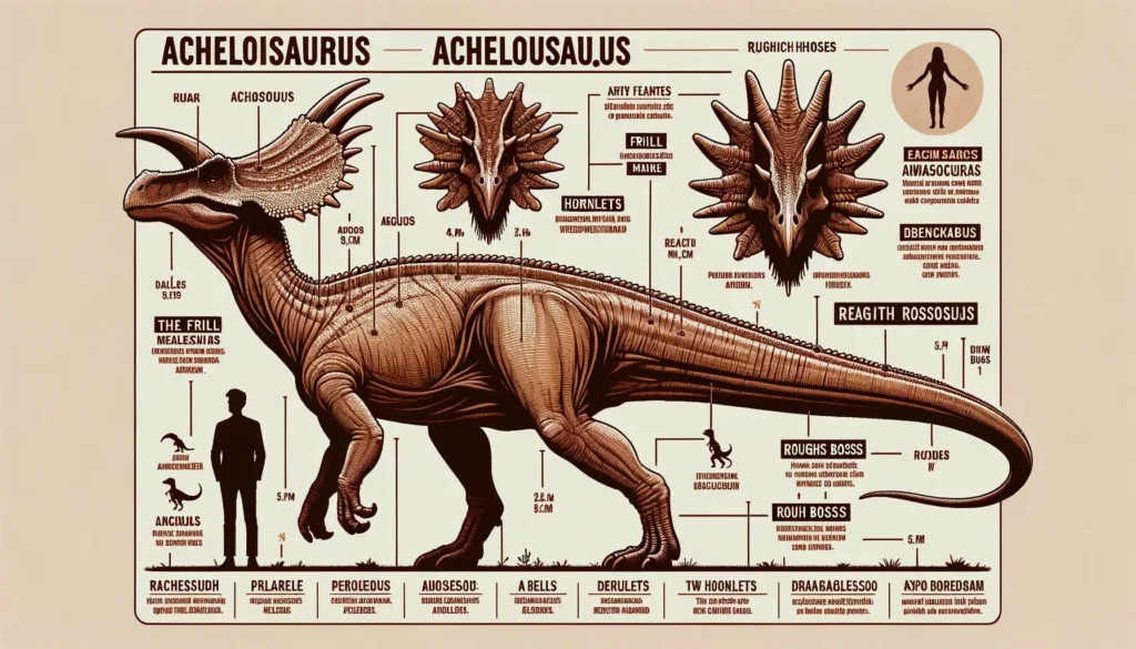 Semi-realistic infographic of Achelousaurus compared to a human in size.