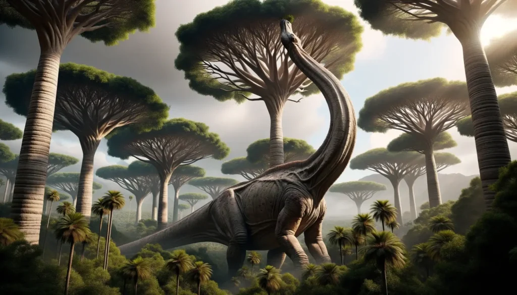 Aegyptosaurus reaching for treetop vegetation, side view.
