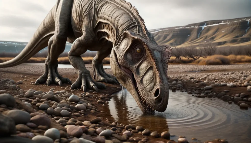 Agilisaurus drinking from a stream, showcasing its elongated skull and large eye sockets.