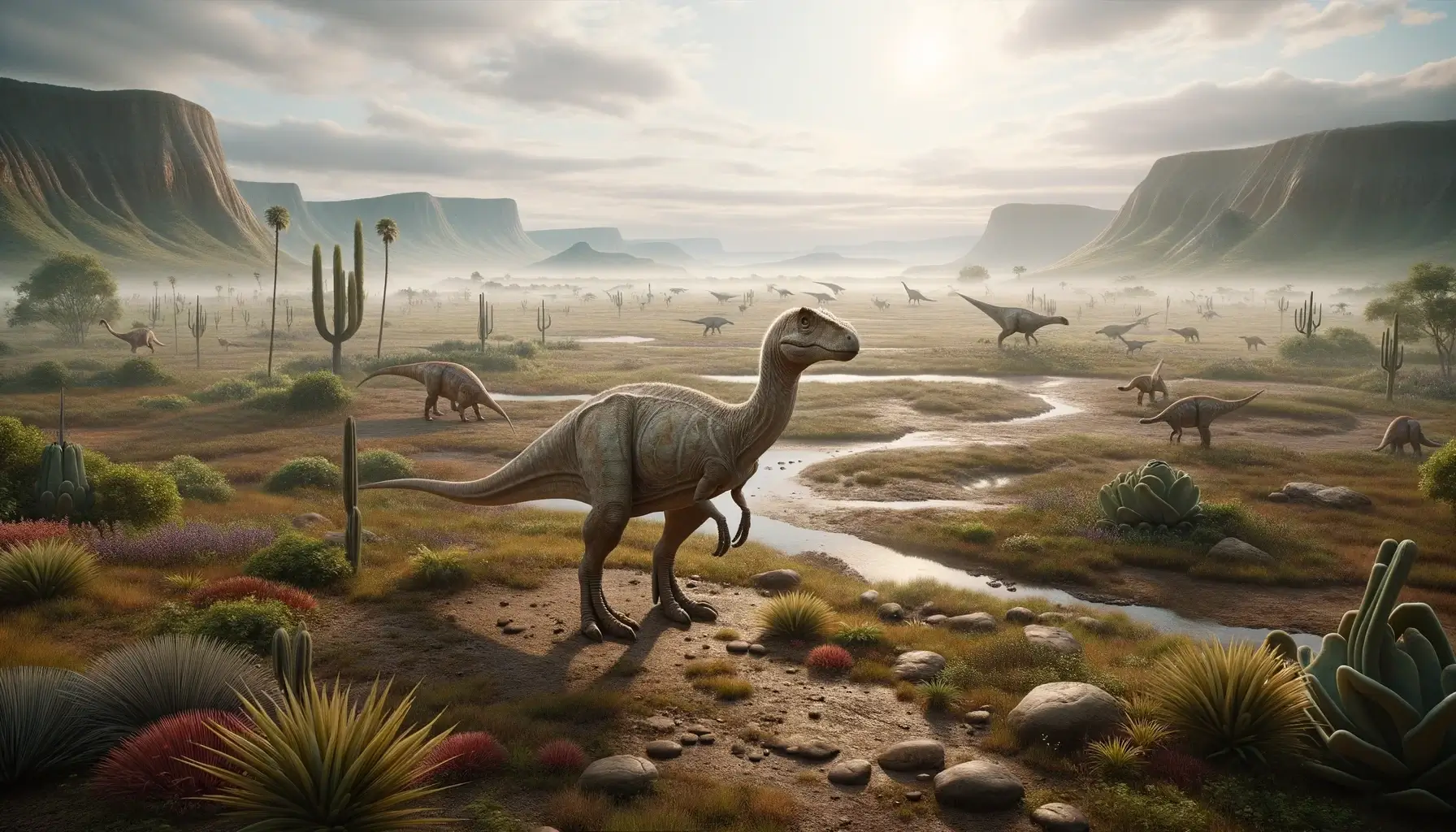 Agilisaurus dinosaur in semi-arid habitat with vegetation and other dinosaurs in the distance.