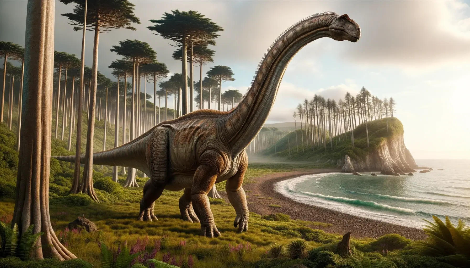Alamosaurus in lush coastal plains with tall trees.