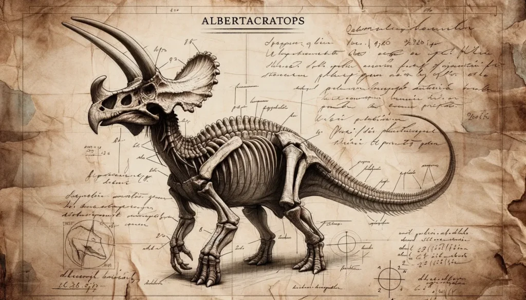 Archeological drawing of Albertaceratops with handwritten notes.
