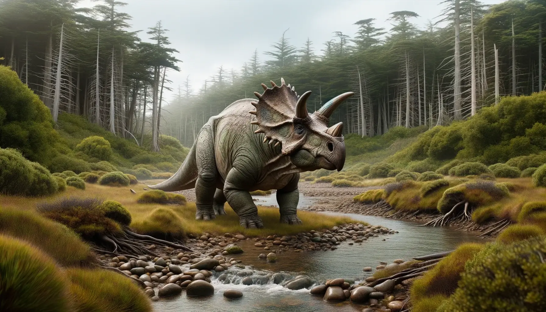 Albertaceratops roaming in coastal plains of western North America.