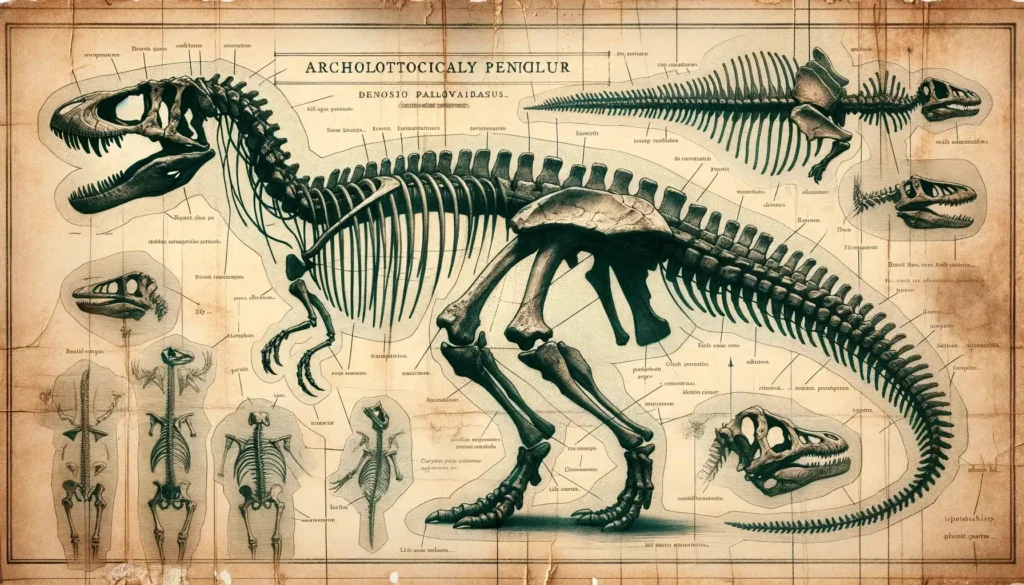 Vintage archaeological drawing of Allosaurus with annotations