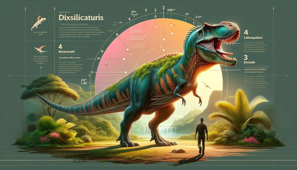 Allosaurus in dynamic pose compared to human in an infographic