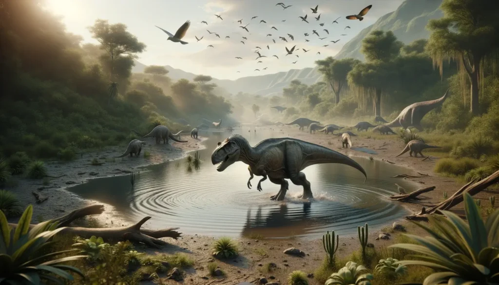 Allosaurus approaching a watering hole with flying birds and distant herbivores