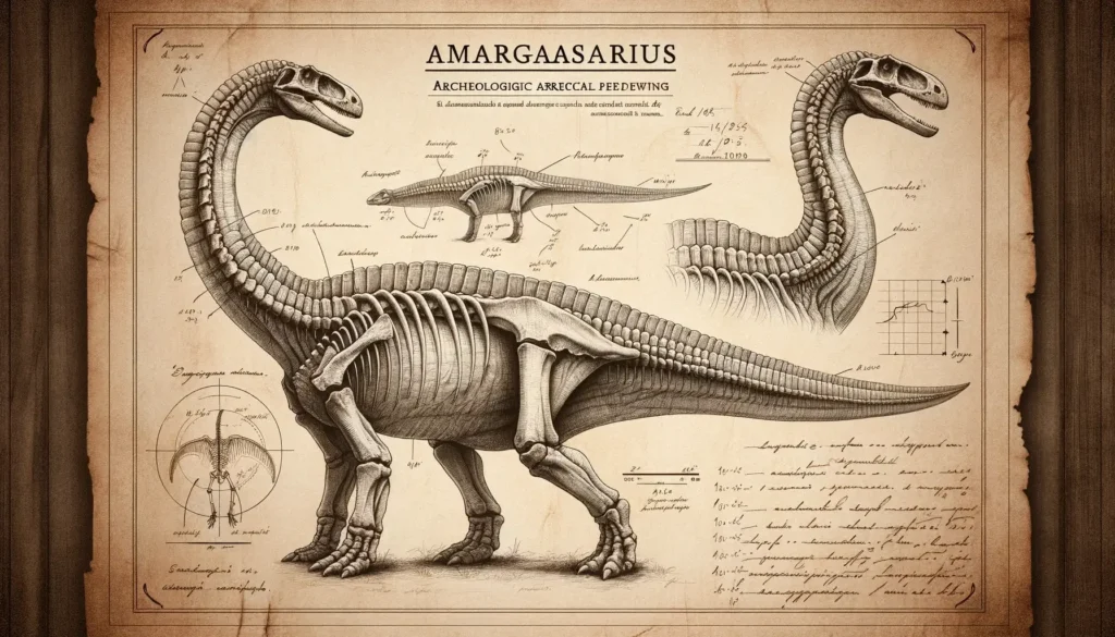 Archeological drawing of Amargasaurus with annotations.