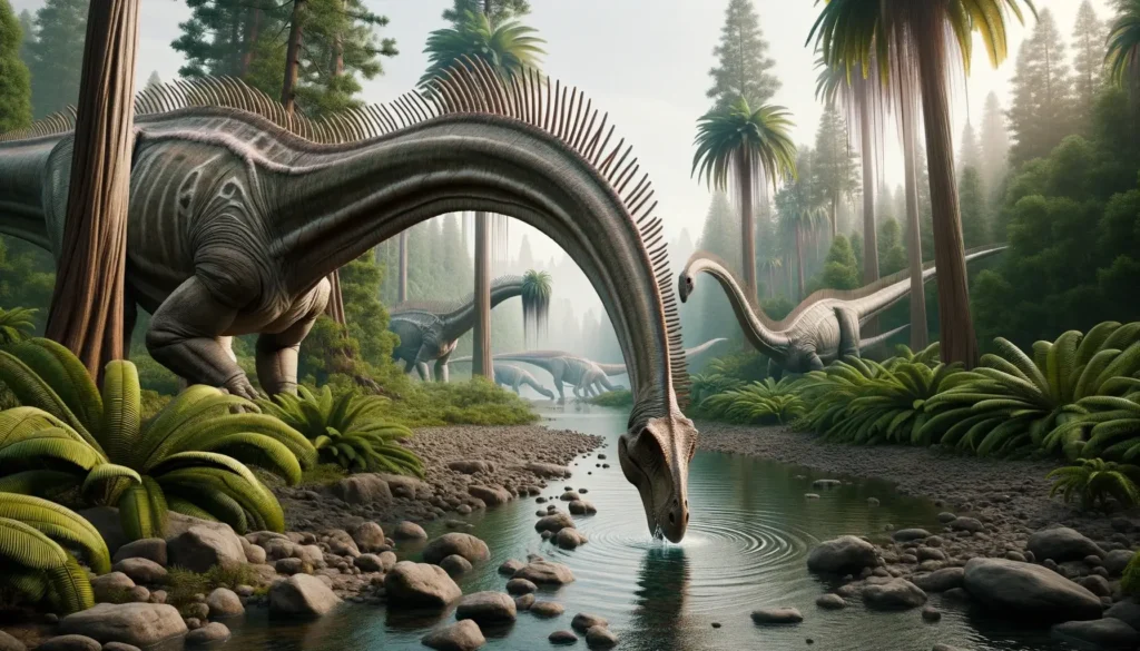 Amargasaurus drinking from river amidst ancient flora.