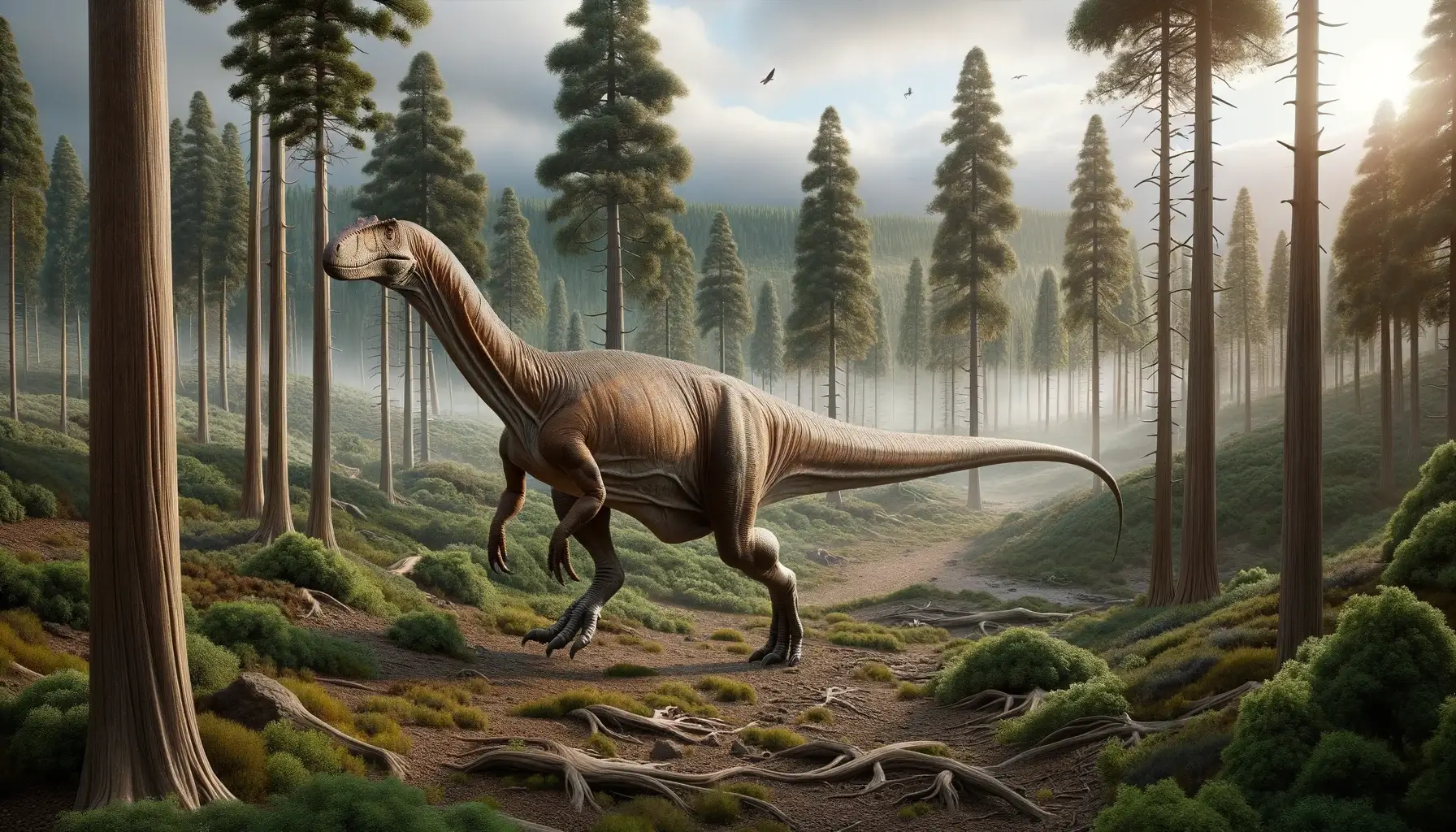 Ammosaurus dinosaur in Late Triassic forest habitat.