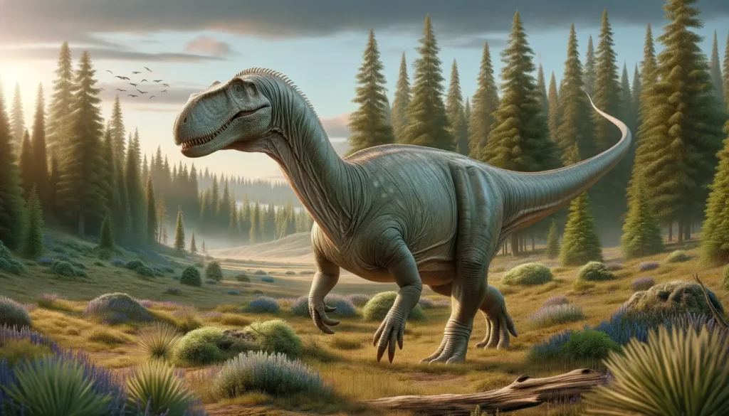 Ammosaurus in open landscape with distant forests.