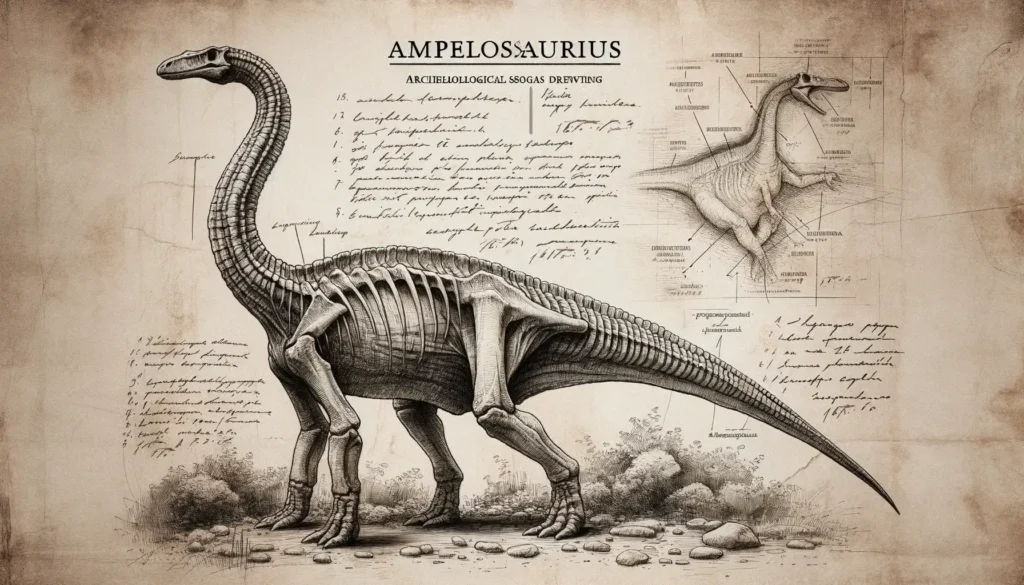 Detailed archeological sketch of Ampelosaurus with faded handwritten notes.