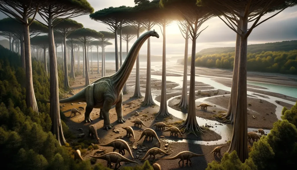 Ampelosaurus grazing from tall trees in a French Cretaceous landscape.