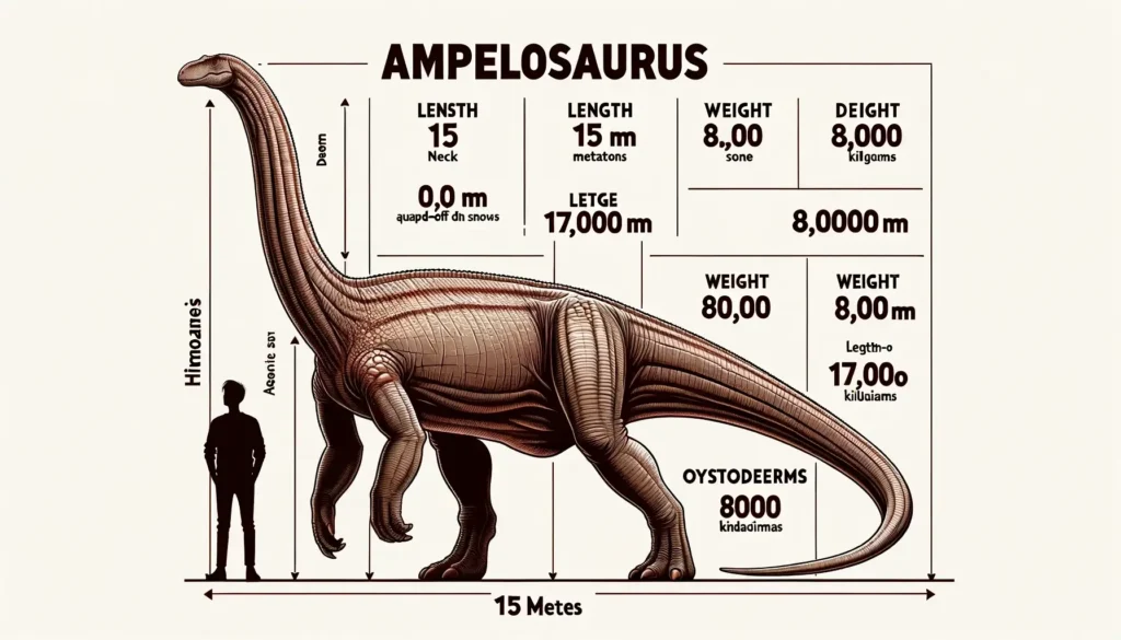 Ampelosaurus infographic with human scale; highlighting length and weight.