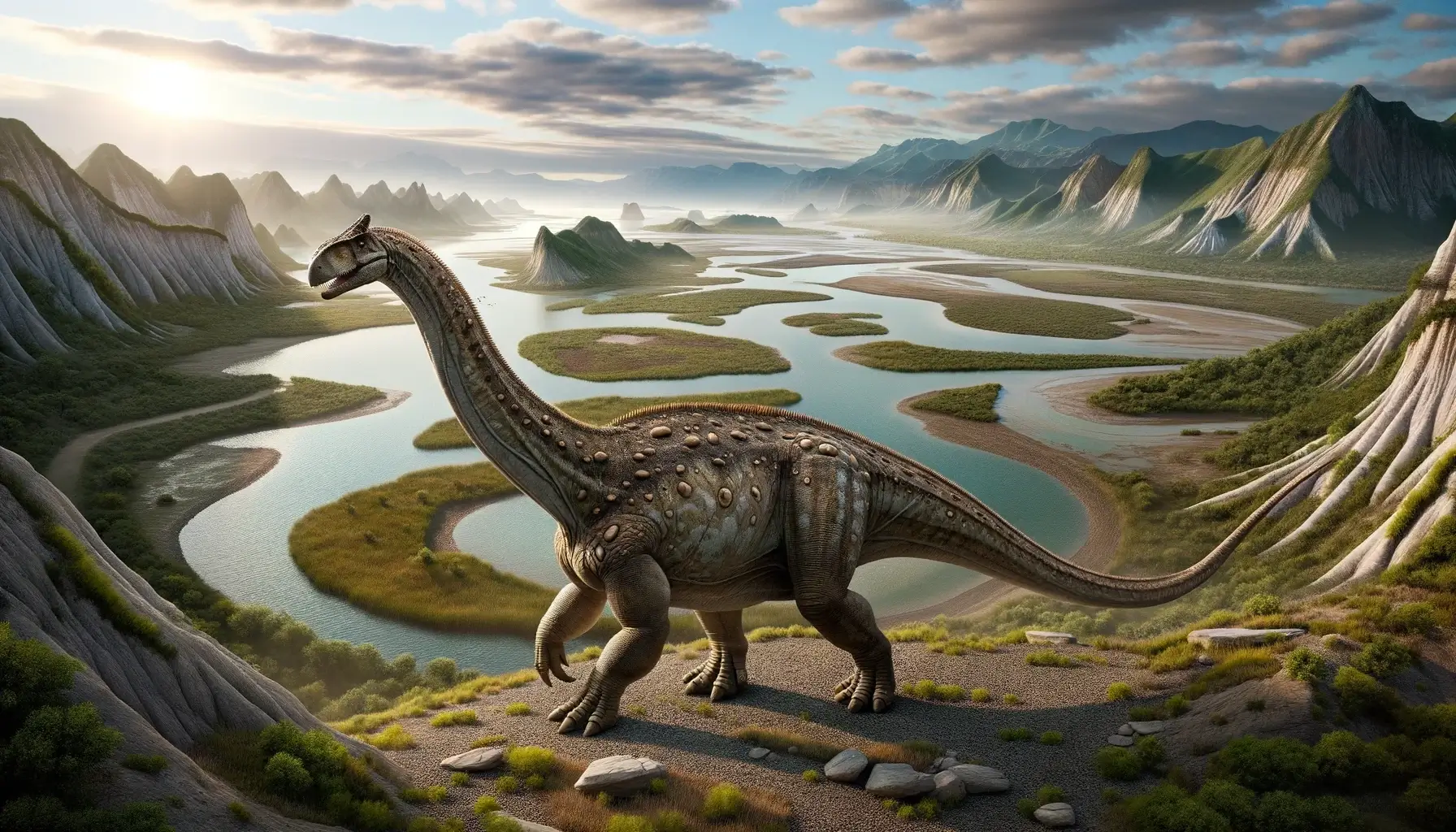 Ampelosaurus in Late Cretaceous habitat with river deltas and floodplains.