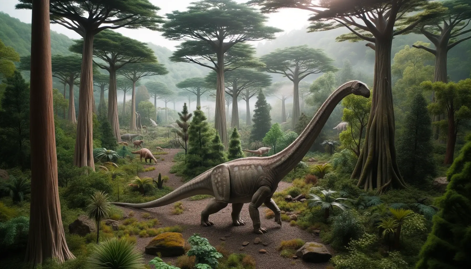 Amygdalodon dinosaur in its dense forest habitat during the Late Jurassic.