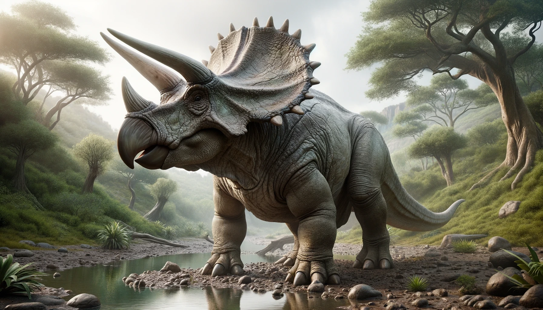 Anchiceratops in coastal plains with distinctive horns and frill.