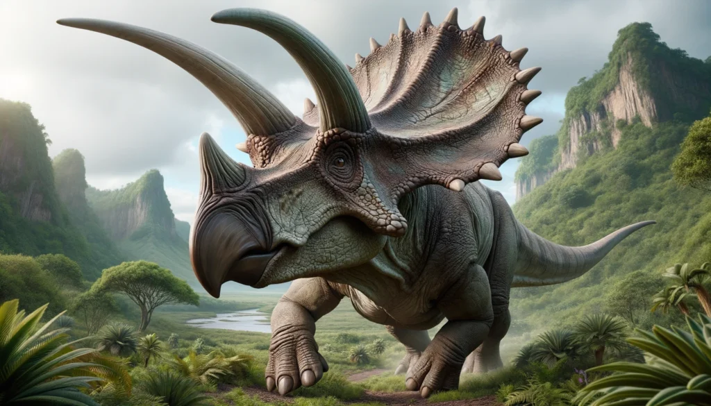 Anchiceratops by water amidst Late Cretaceous vegetation.
