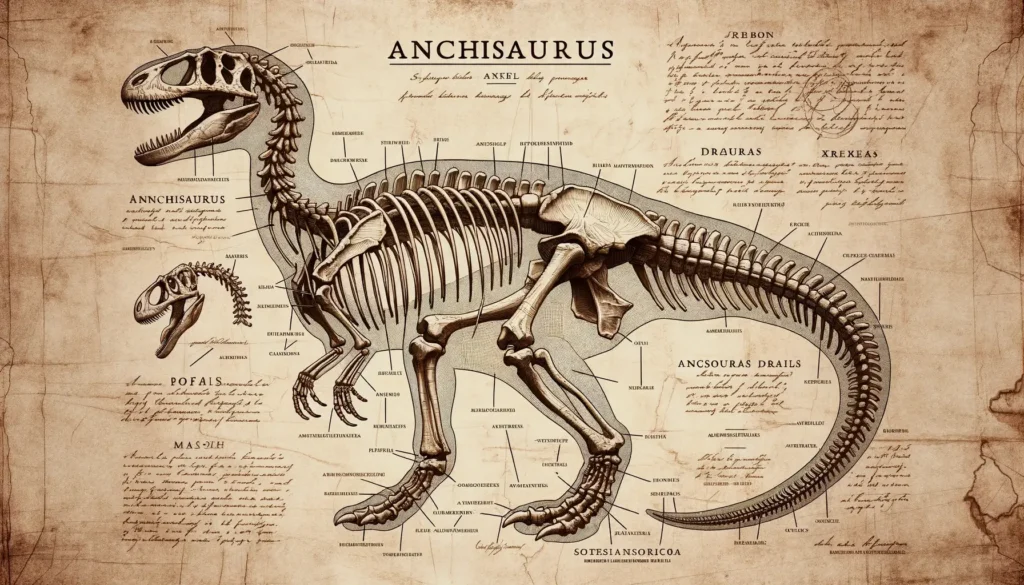Archeological sketch of Anchisaurus with faded notes.
