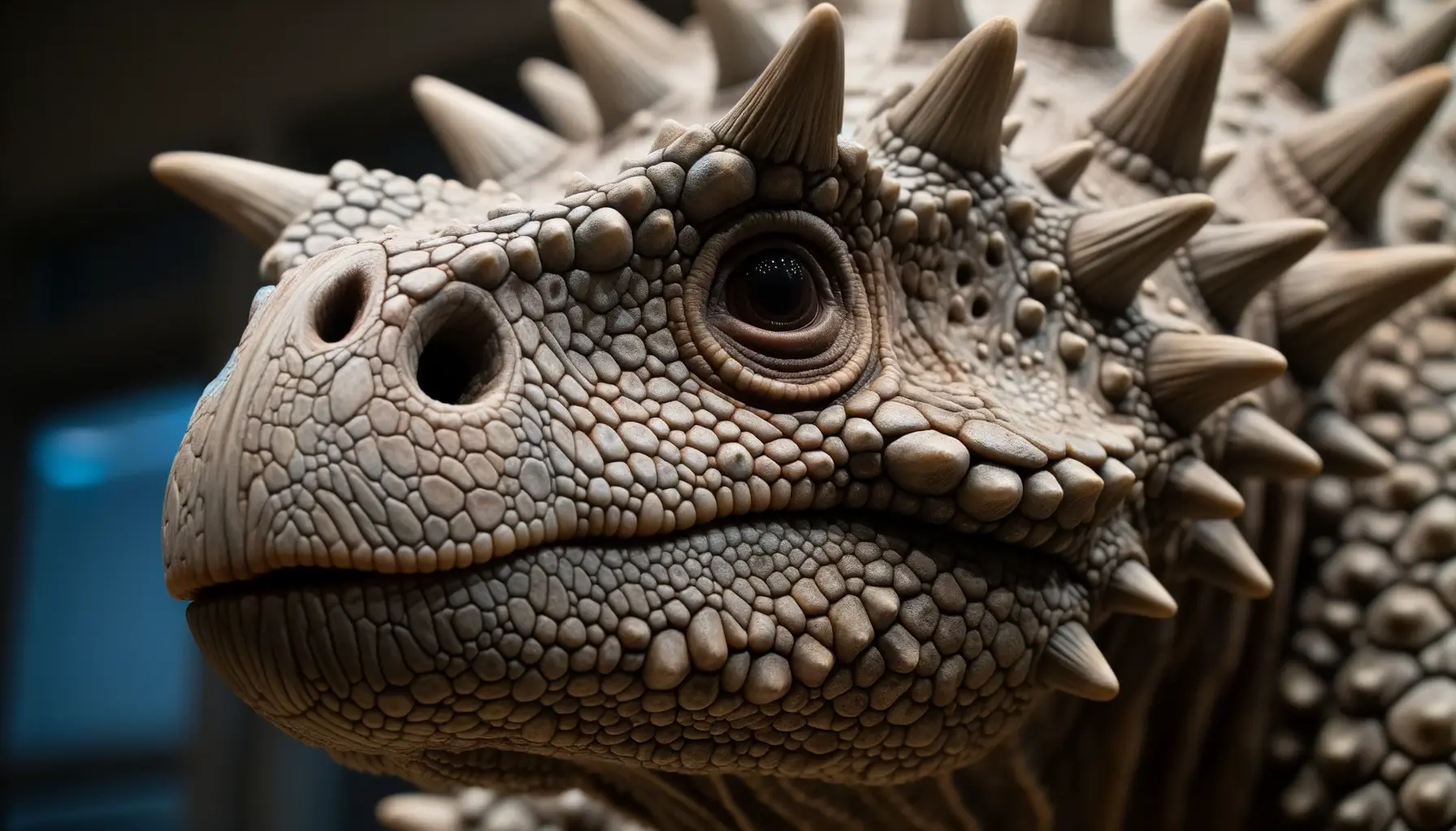 Close-up of Ankylosaurus's head with blunt snout and peg-like teeth.
