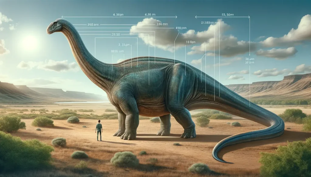 Semi-realistic Apatosaurus next to a human showcasing scale, with feature highlights.