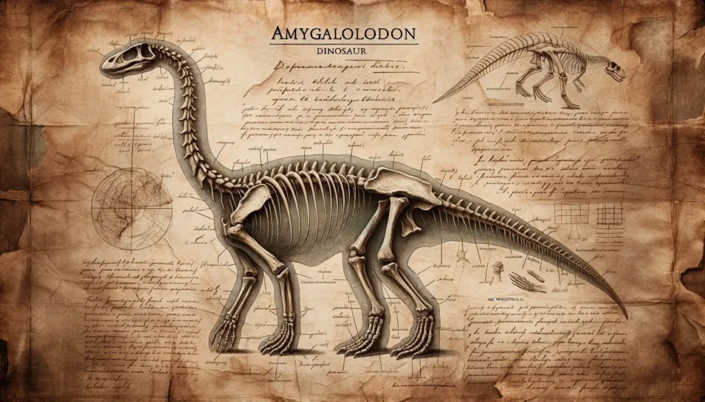 Detailed archaeological drawing of Amygdalodon with handwritten notes.