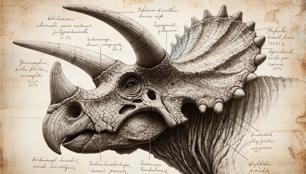 Detailed drawing of Anchiceratops with faded notes.