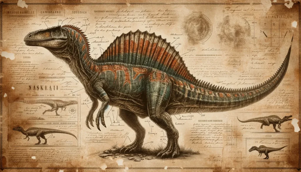 Detailed archeological drawing of Spinosaurus with faded annotations.