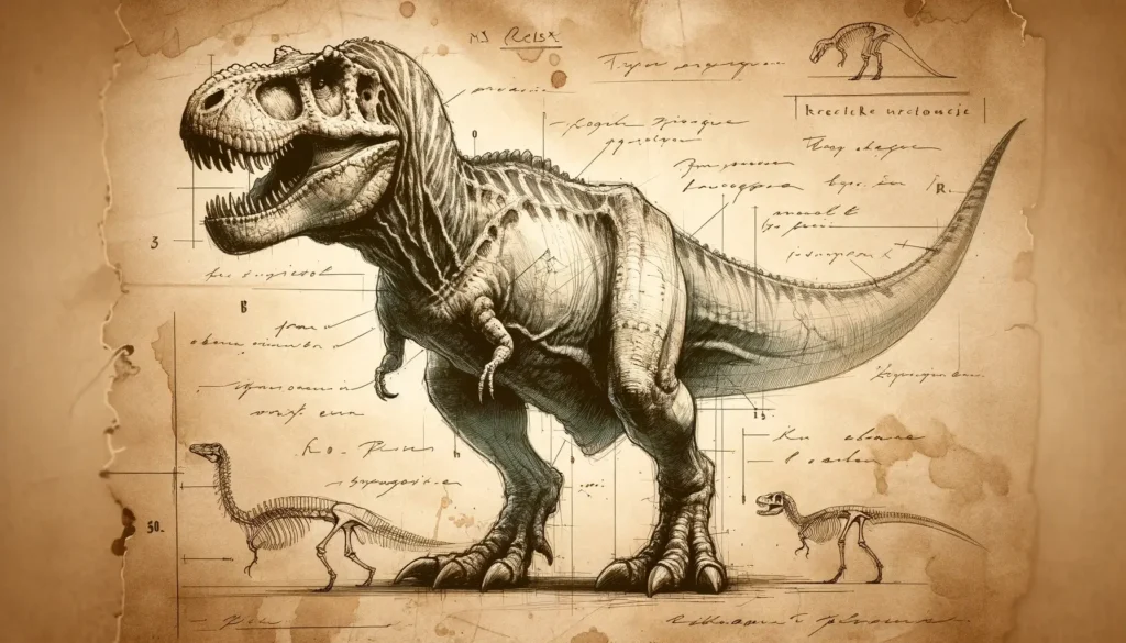 Aged archaeological drawing of Tyrannosaurus rex with fading handwritten notes.