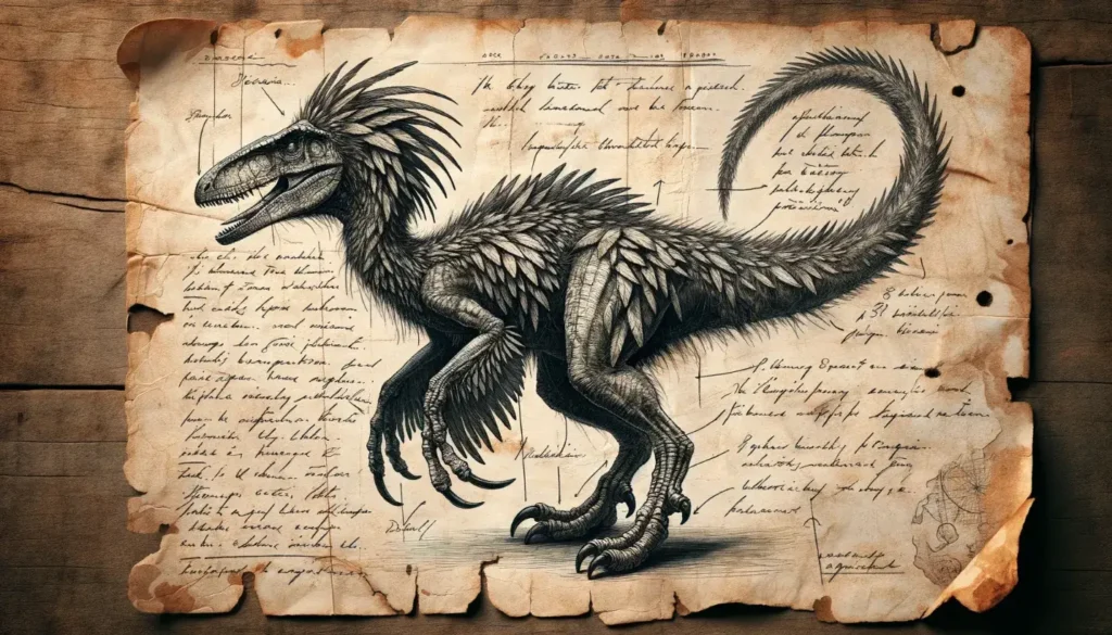 Archeological drawing of Velociraptor with fading handwritten notes.