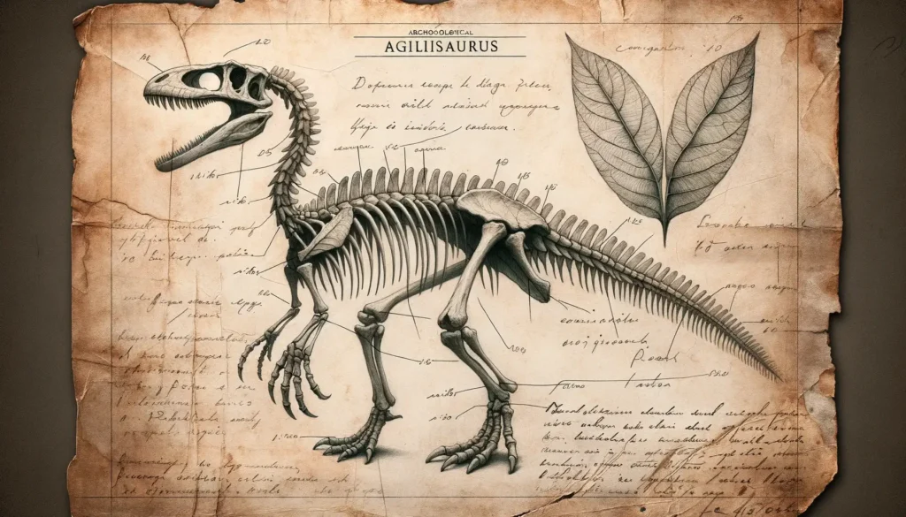 Archeological pencil drawing of Agilisaurus with faded handwritten notes.