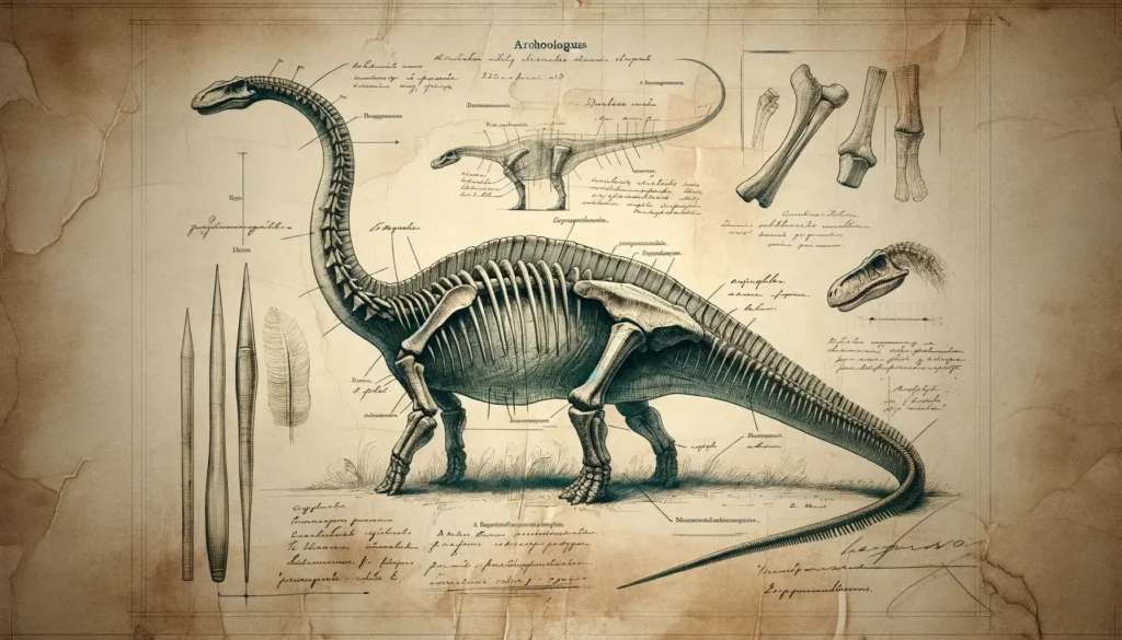 Detailed archaeological drawing of Apatosaurus with faded handwritten notes.