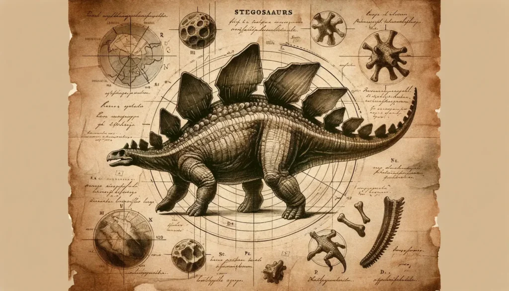 Vintage archeological drawing of Stegosaurus with handwritten notes.