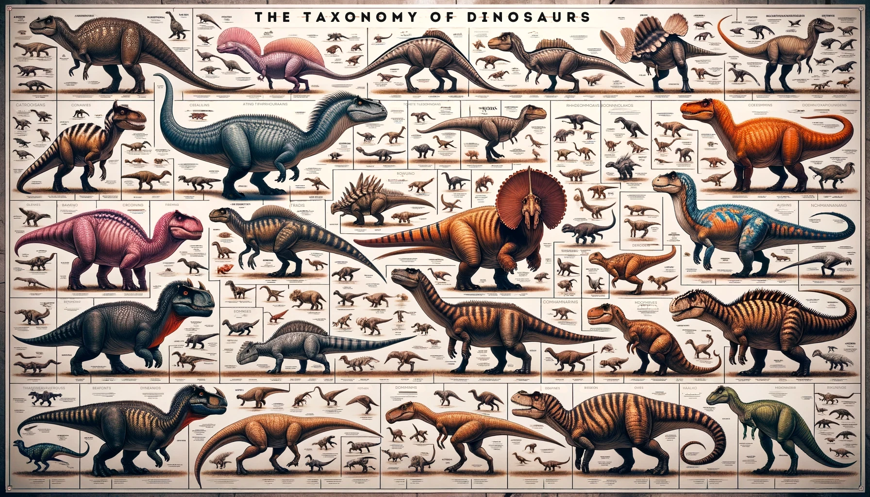 Illustrative chart showcasing the Basics of Dinosaur Classification with various dinosaur species.