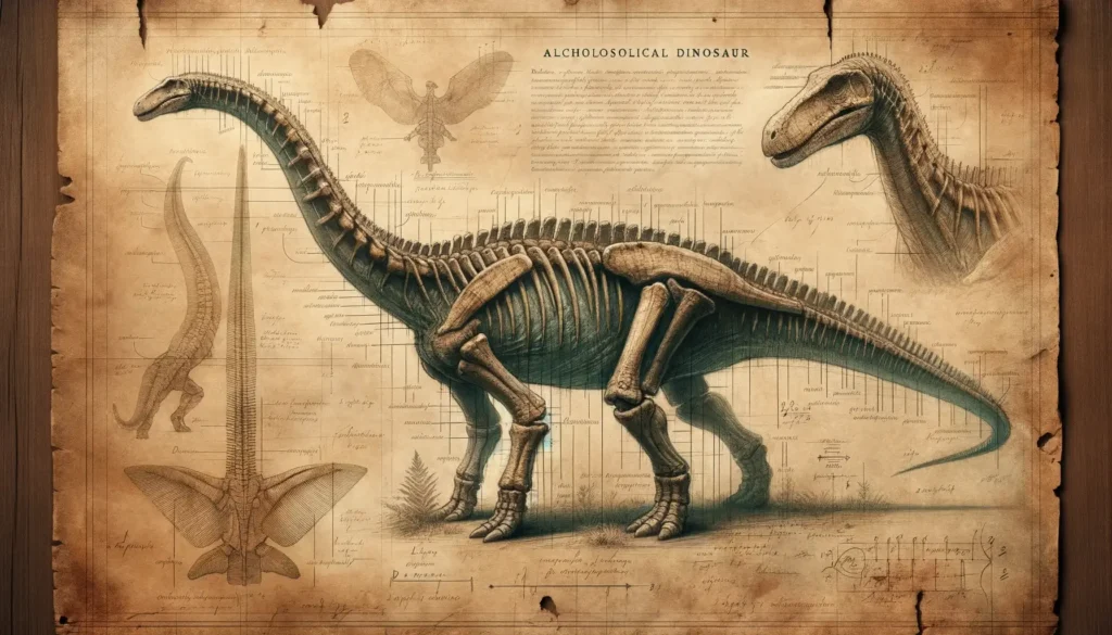 Detailed archaeological sketch of Diplodocus with faded annotations