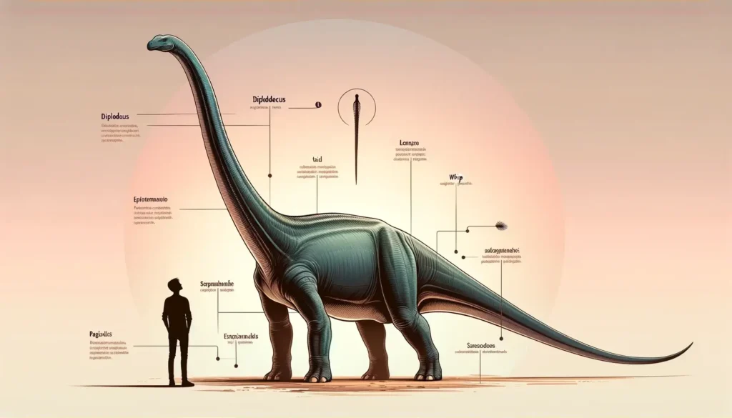 Diplodocus infographic on gradient background with human for scale, highlighting key features