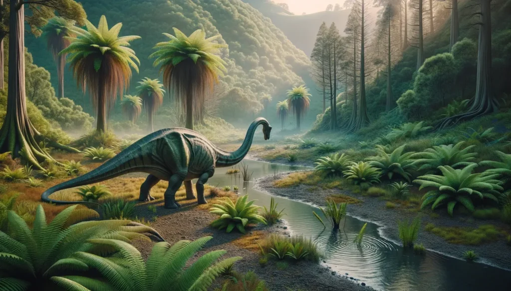 Side view of Diplodocus feeding on ferns in its natural Jurassic environment.