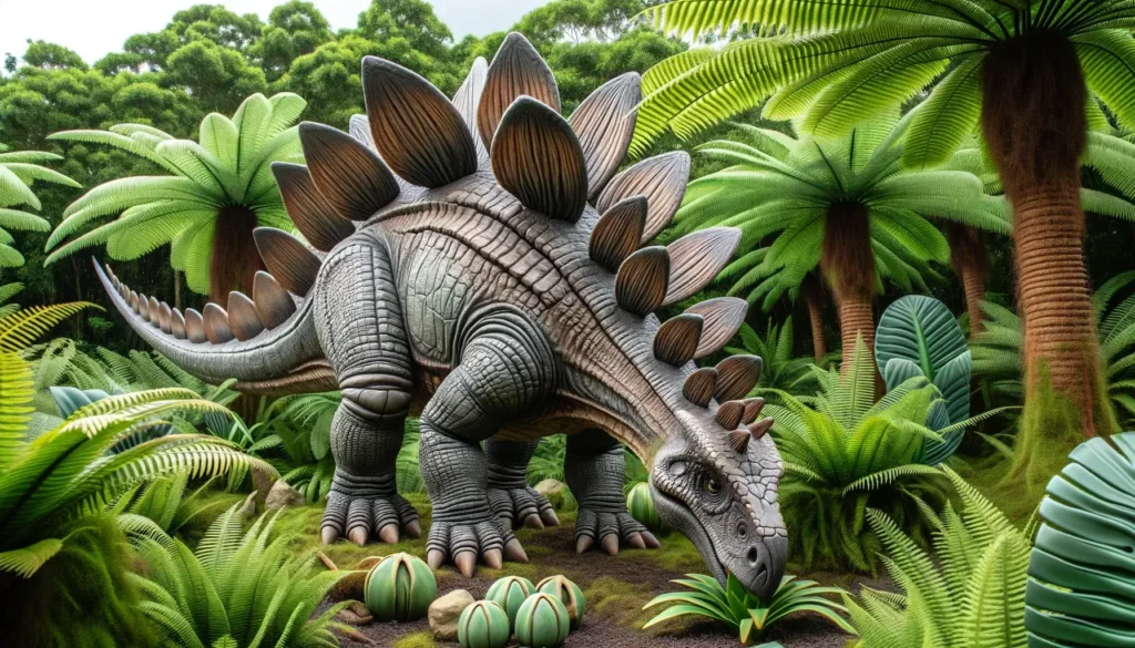 Stegosaurus grazing on ferns and cycads in its natural setting.