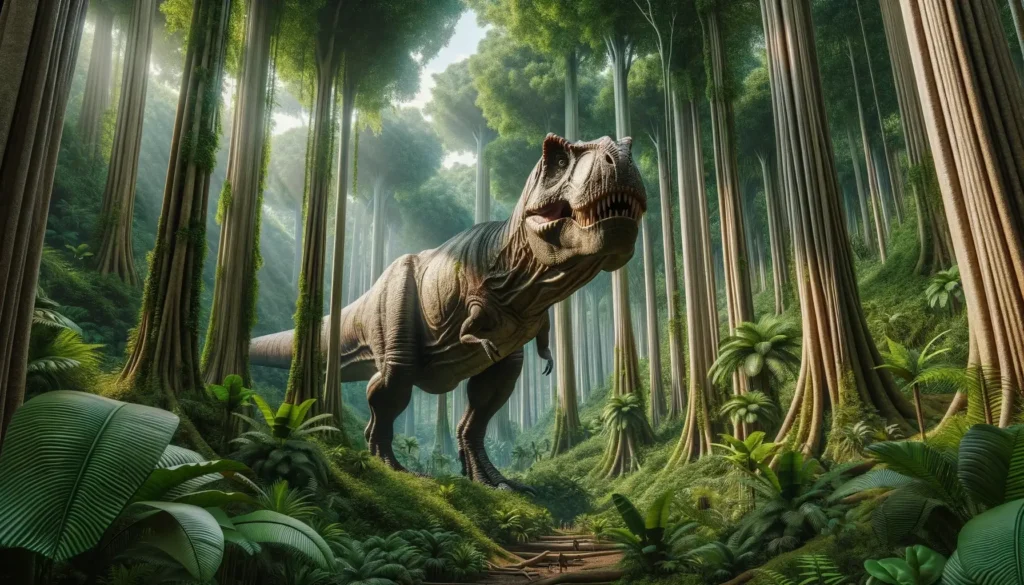 Tyrannosaurus rex amidst lush subtropical forest of the Late Cretaceous period.