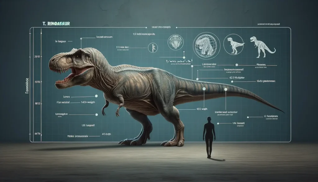 Infographic of Tyrannosaurus rex next to a human, highlighting size comparison.