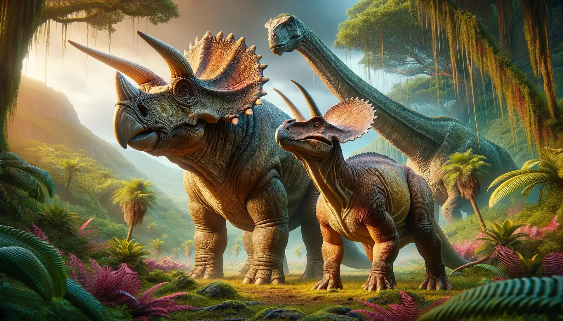 Vibrant setting with Triceratops and Brachiosaurus showcasing differences.