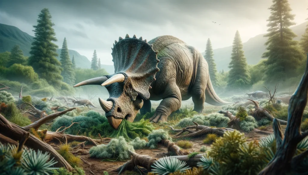 Triceratops grazing on vegetation in a Late Cretaceous setting.