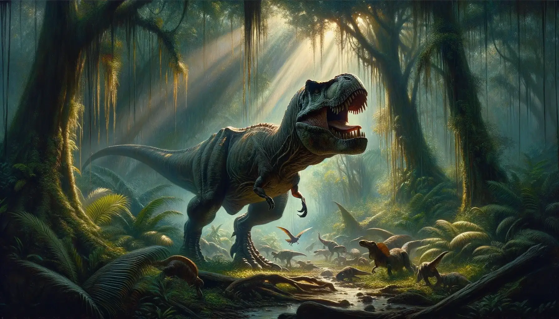 Carnivorous dinosaur types hunting in dense prehistoric jungle.