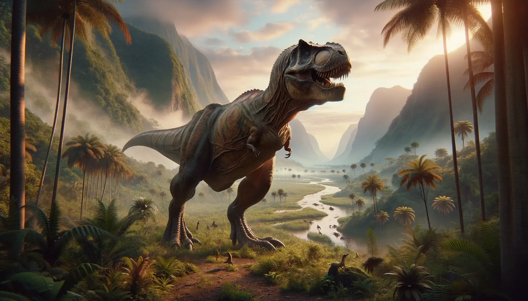 Tyrannosaurus rex in Late Cretaceous habitat with subtropical forests and river valleys.