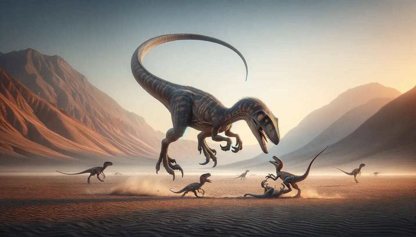 Velociraptor hunting smaller dinosaurs in a semi-desert habitat.