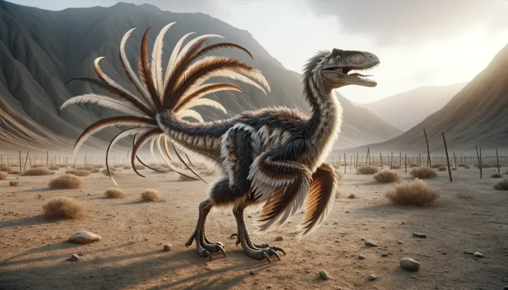 Feathered Velociraptor in its natural Late Cretaceous habitat in Central Asia.
