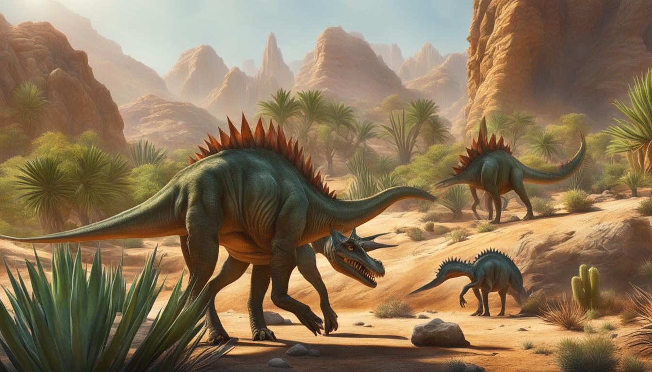 A vivid illustration of diverse desert dinosaurs congregating around an oasis in a sunbaked landscape, highlighting survival in ancient arid conditions.