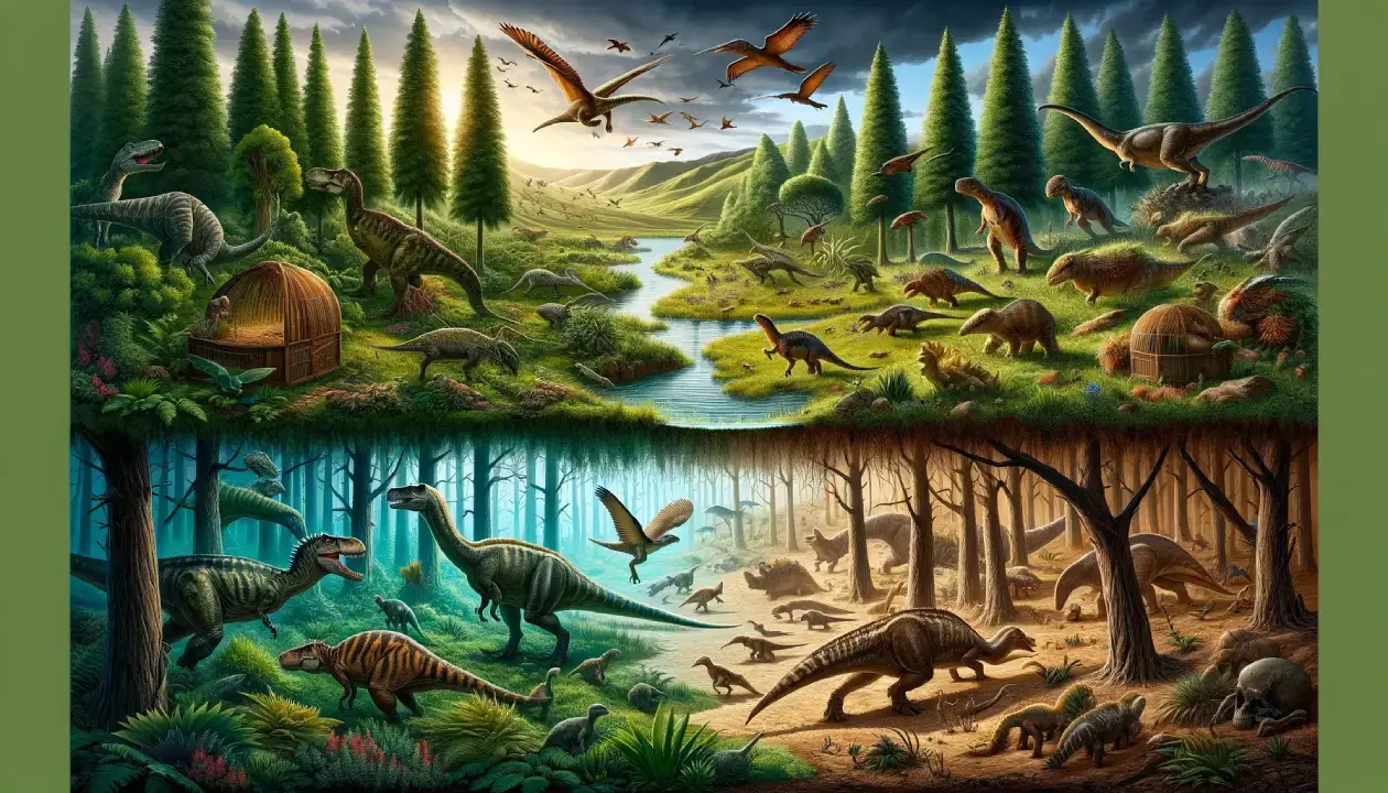 Educational depiction of diverse dinosaur species in contrasting habitats, showcasing reproductive strategies influenced by their environment.