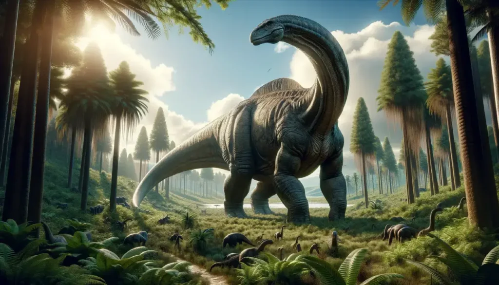 Dreadnoughtus dinosaur dominating its lush Cretaceous habitat, showcasing its immense size amidst ancient vegetation.